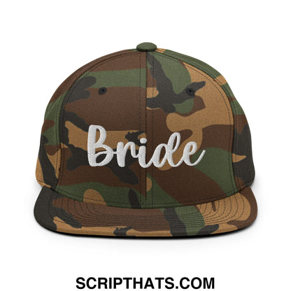 Camouflage flat bill snapback hat with bride embroidered in white script across the front panel