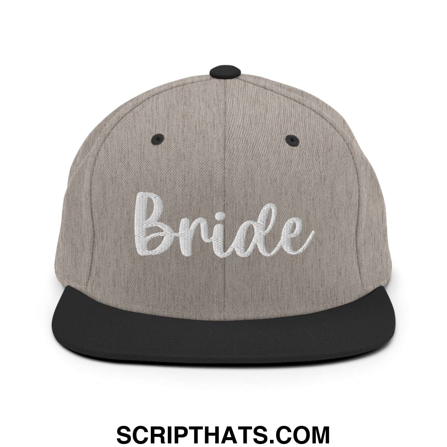 Gray and black snapback hat with bride embroidered in white script on a flat bill brim for wedding wear