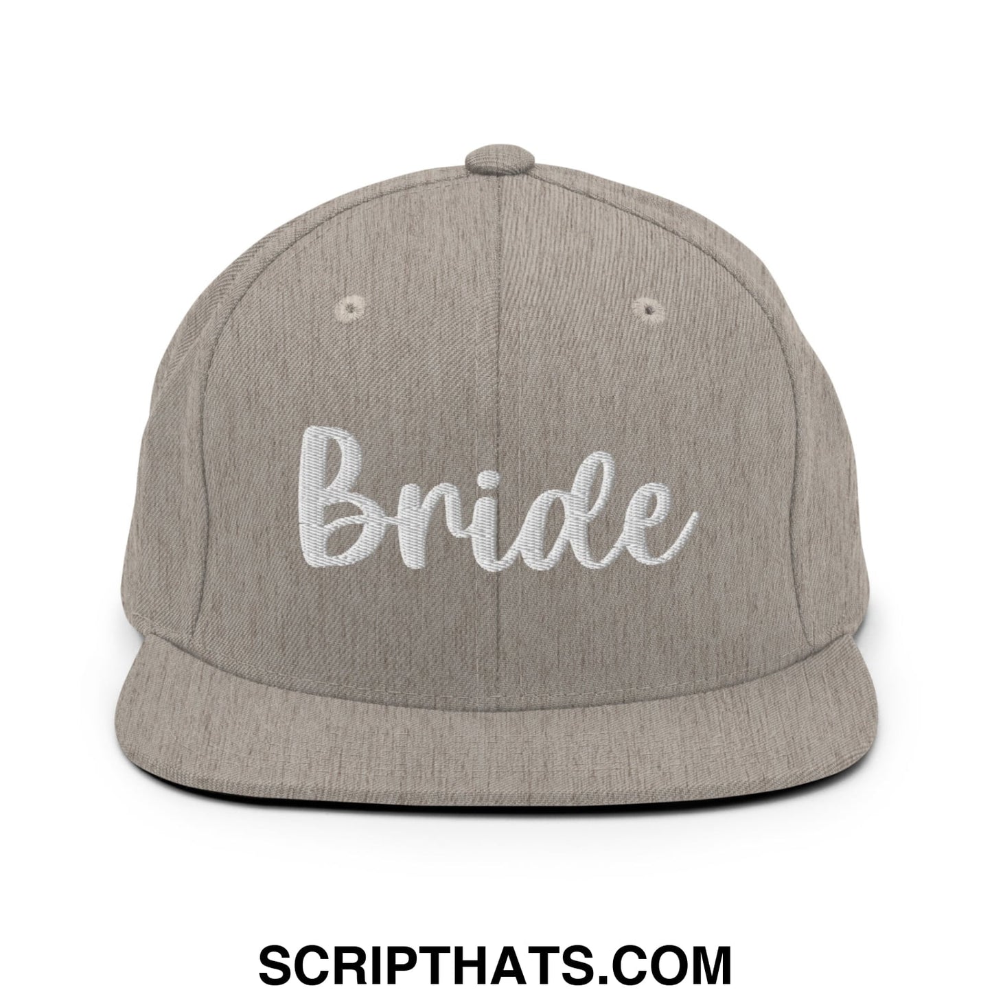 Gray snapback hat with white embroidered bride script and flat bill brim for bridal wear
