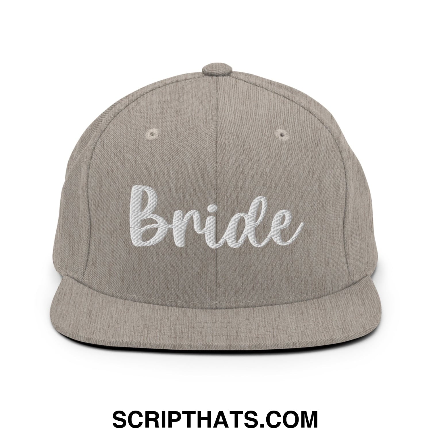 Gray snapback hat with white embroidered bride script and flat bill brim for bridal wear