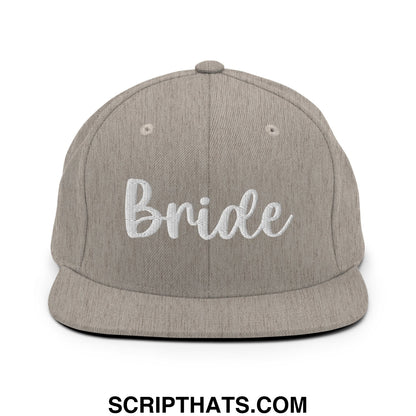 Gray snapback hat with white embroidered bride script and flat bill brim for bridal wear