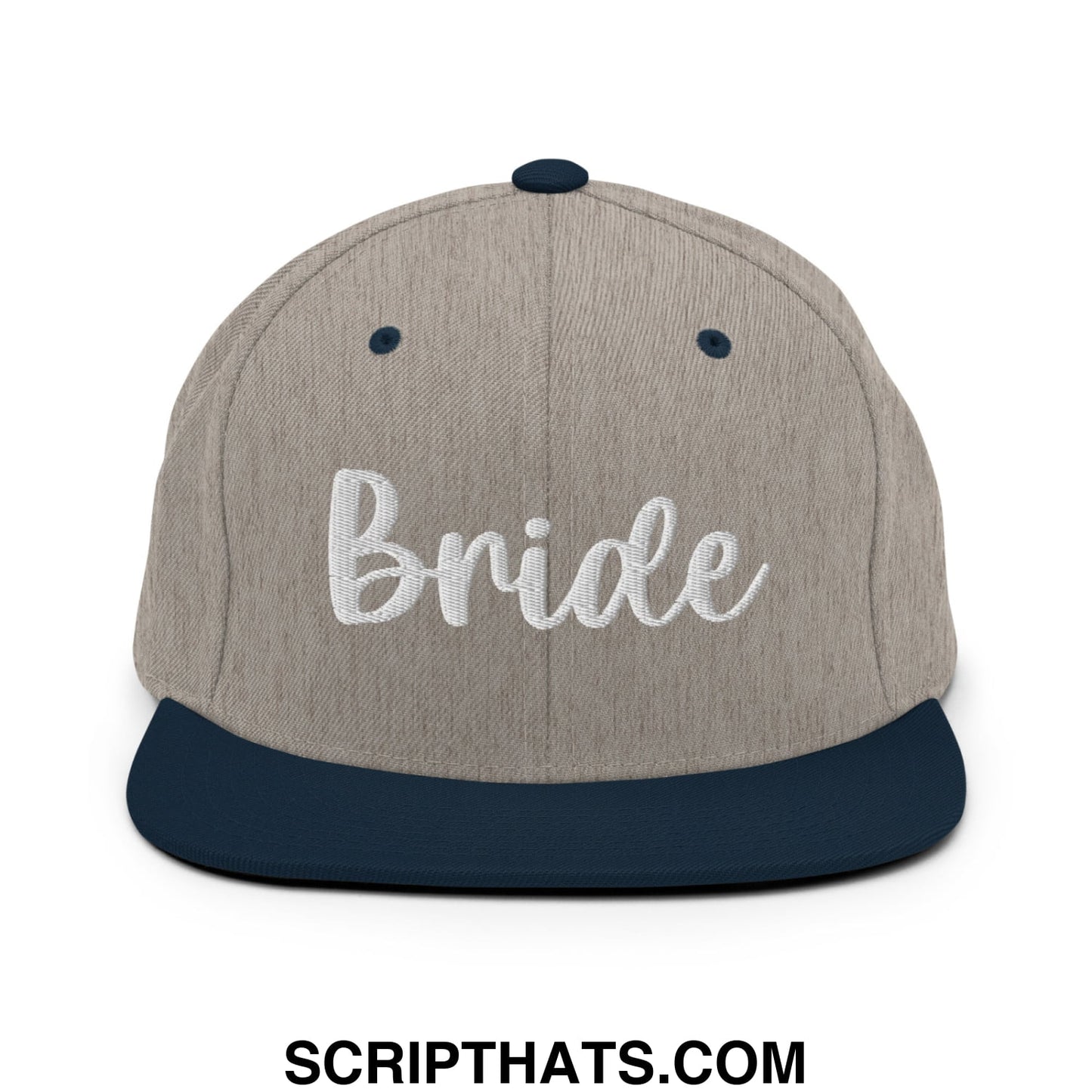Beige and navy blue snapback hat with bride embroidered in white cursive flat bill brim style