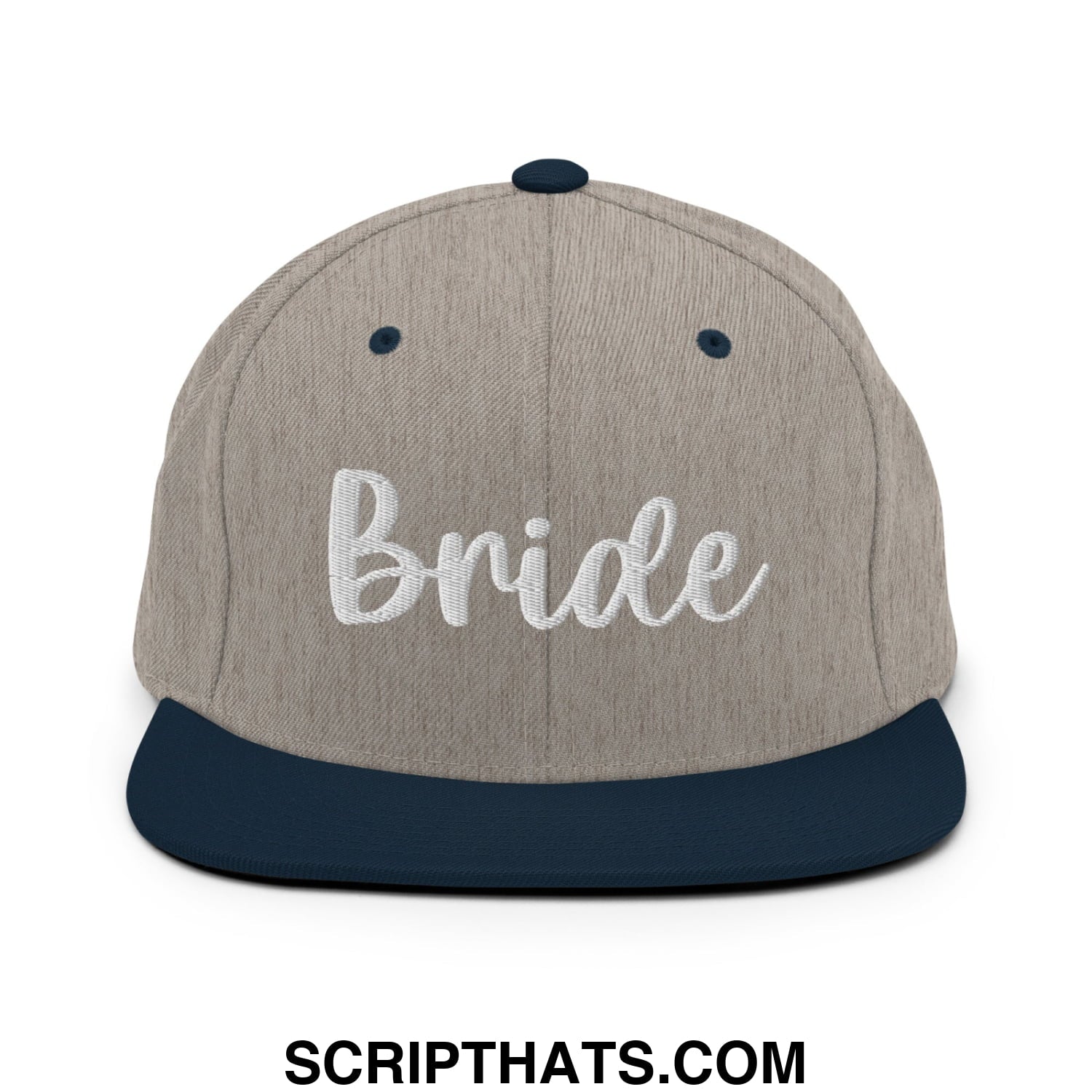 Beige and navy blue snapback hat with bride embroidered in white cursive flat bill brim style
