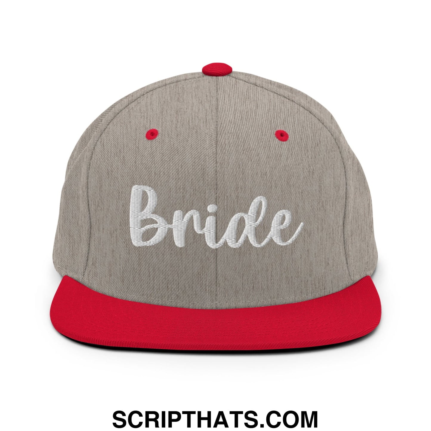 Gray and red snapback hat with bride embroidered in white script on the front flat bill brim snapback hat
