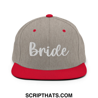 Gray and red snapback hat with bride embroidered in white script on the front flat bill brim snapback hat