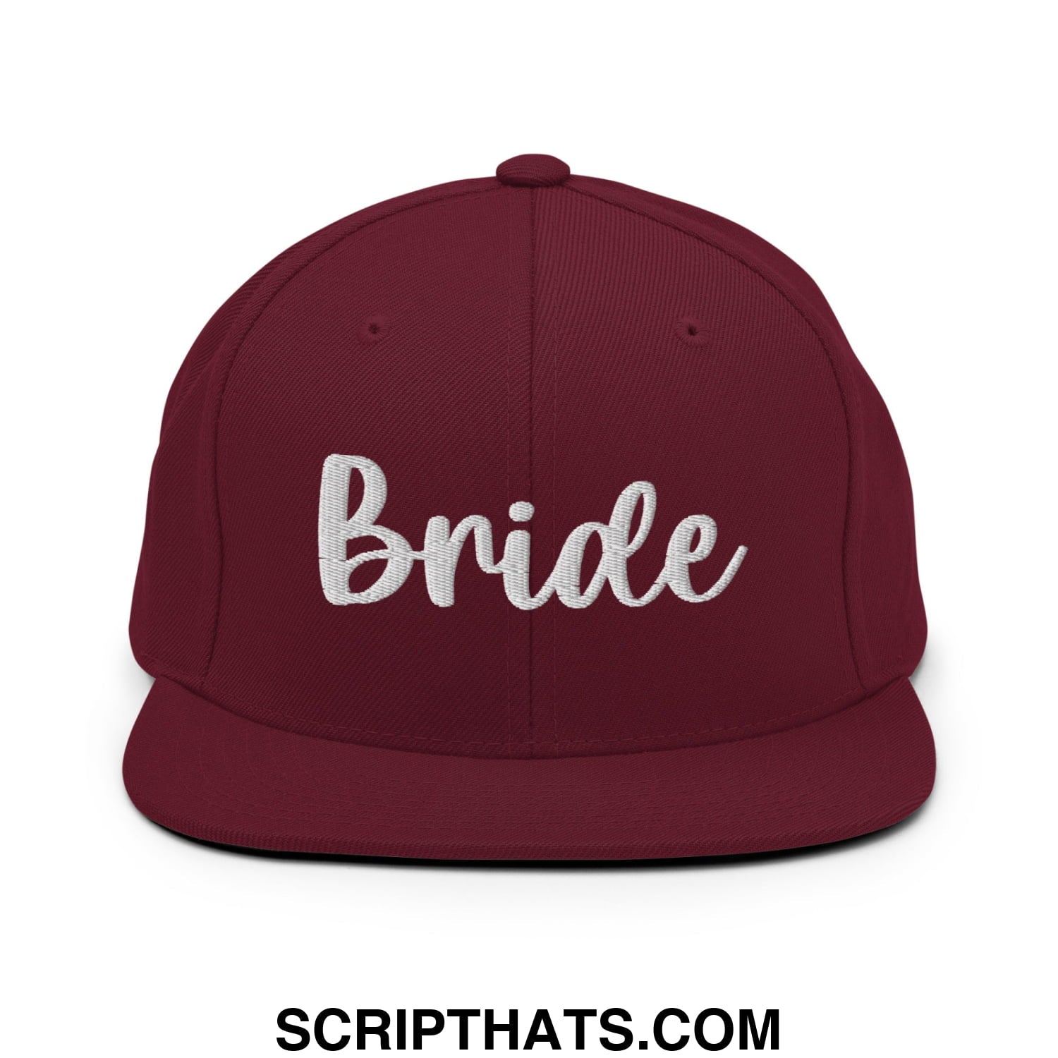 Maroon flat bill snapback hat with white embroidered bride script across the front for bridal wear