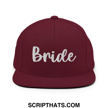 Maroon flat bill snapback hat with white embroidered bride script across the front for bridal wear