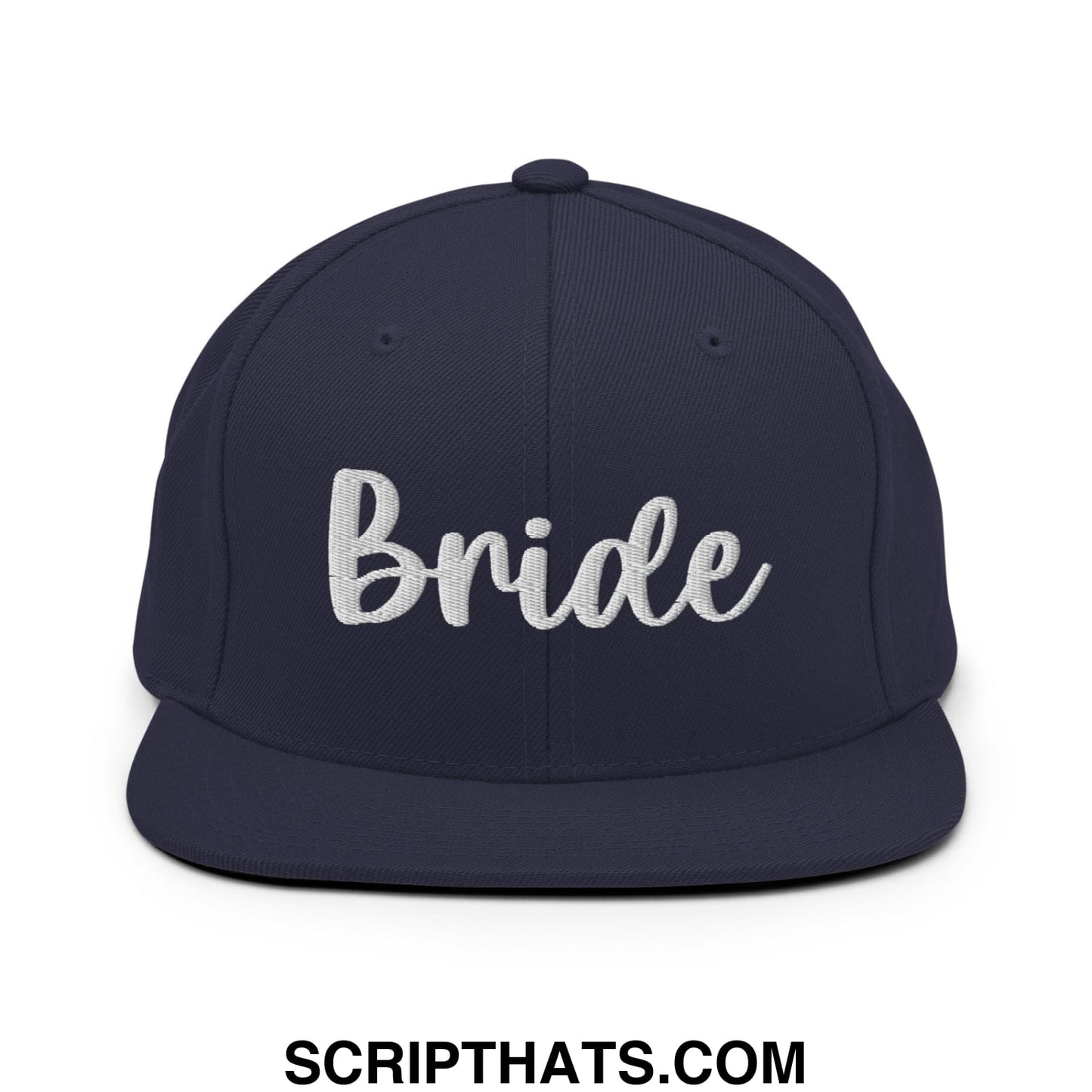 Navy blue snapback hat with white embroidered bride script on flat bill brim for bridal occasions
