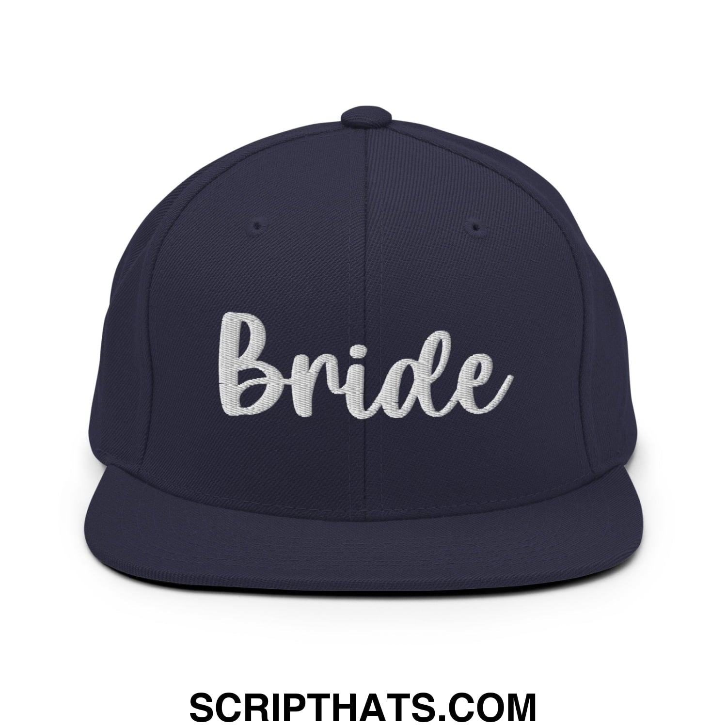 Navy blue snapback hat with white embroidered bride script on flat bill brim for bridal occasions