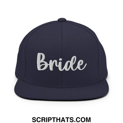 Navy blue snapback hat with white embroidered bride script on flat bill brim for bridal occasions