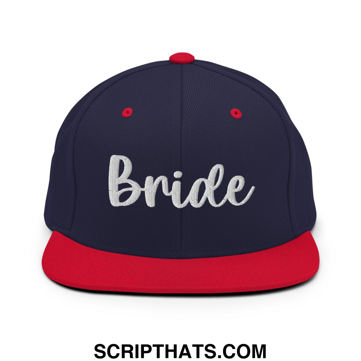 Navy blue and red snapback cap with white embroidered bride script and flat bill brim for bridal wear