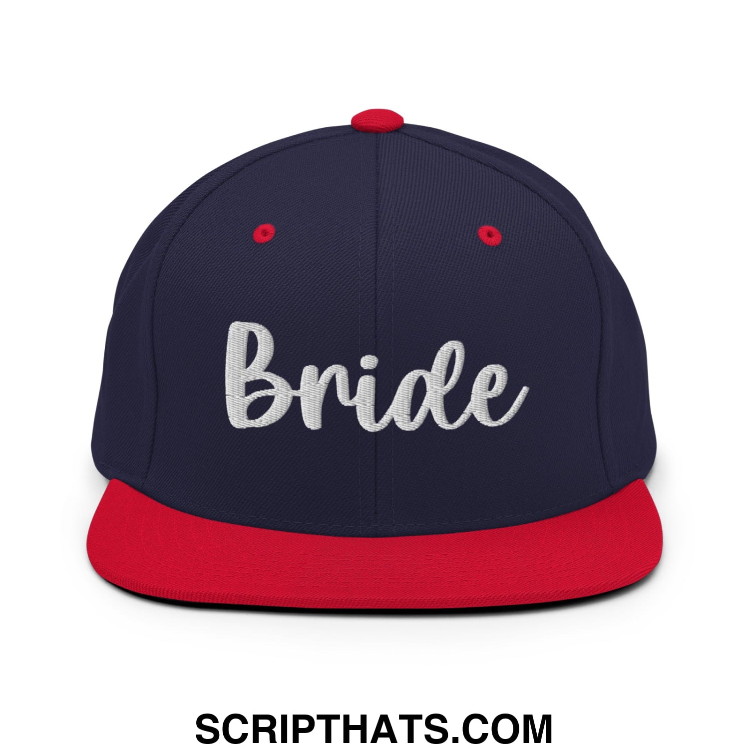 Navy blue and red snapback cap with white embroidered bride script and flat bill brim for bridal wear