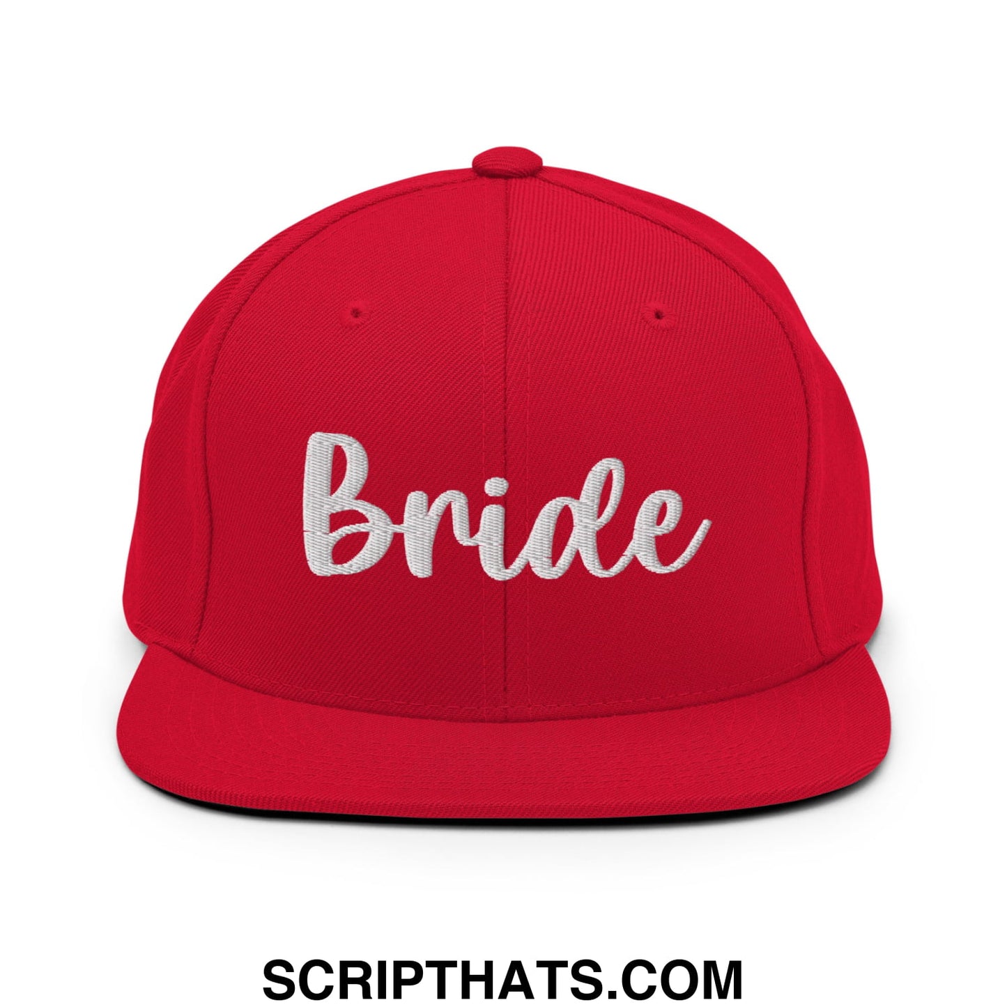 Red snapback hat with white embroidered bride script and flat bill brim for bridal wear and celebrations
