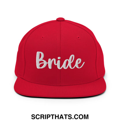 Red snapback hat with white embroidered bride script and flat bill brim for bridal wear and celebrations