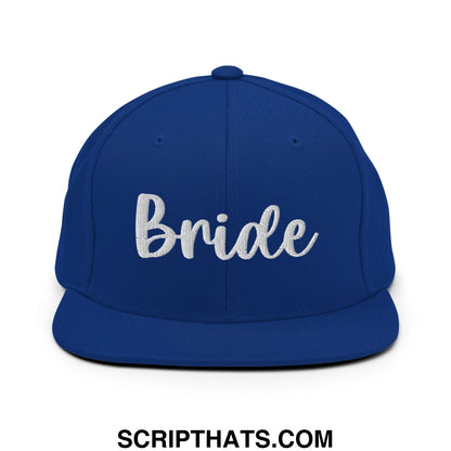 Royal blue snapback hat with white embroidered bride script and flat bill brim for bridal occasions