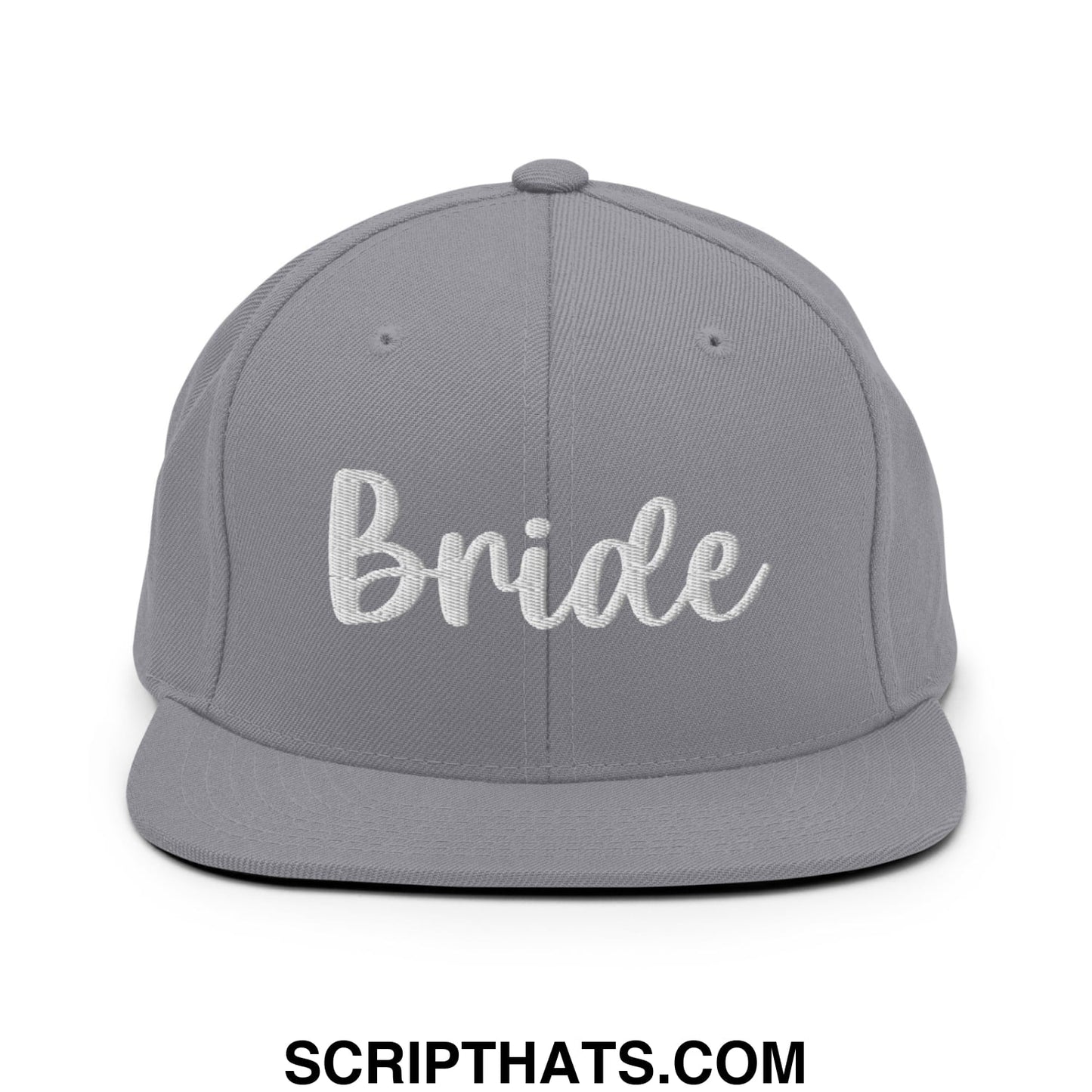 Gray snapback hat with white embroidered bride script on front and flat bill brim for bridal occasions