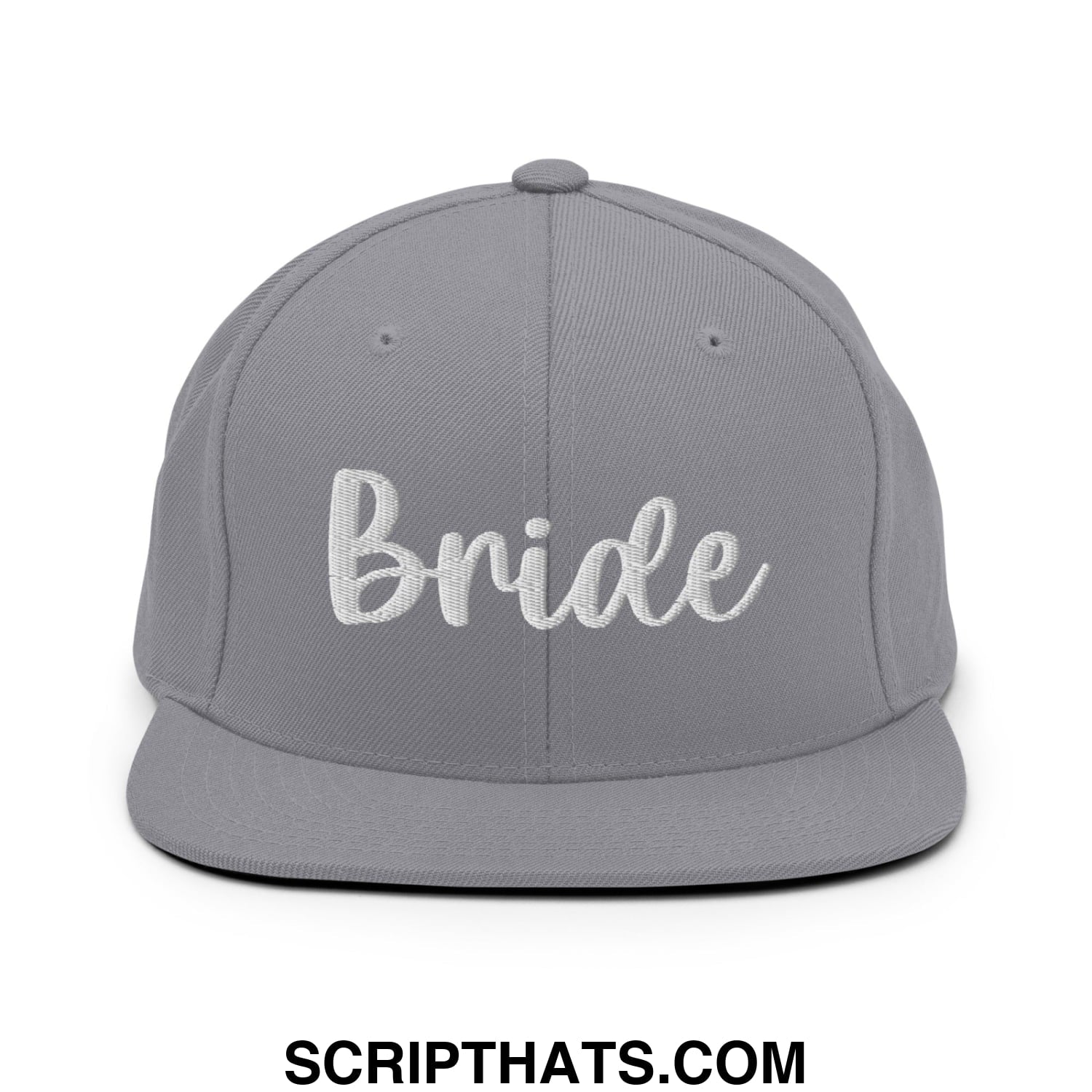 Gray snapback hat with white embroidered bride script on front and flat bill brim for bridal occasions