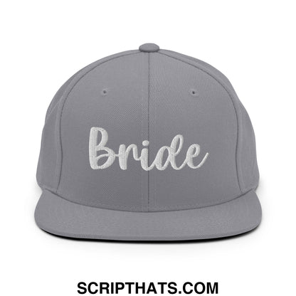 Gray snapback hat with white embroidered bride script on front and flat bill brim for bridal occasions