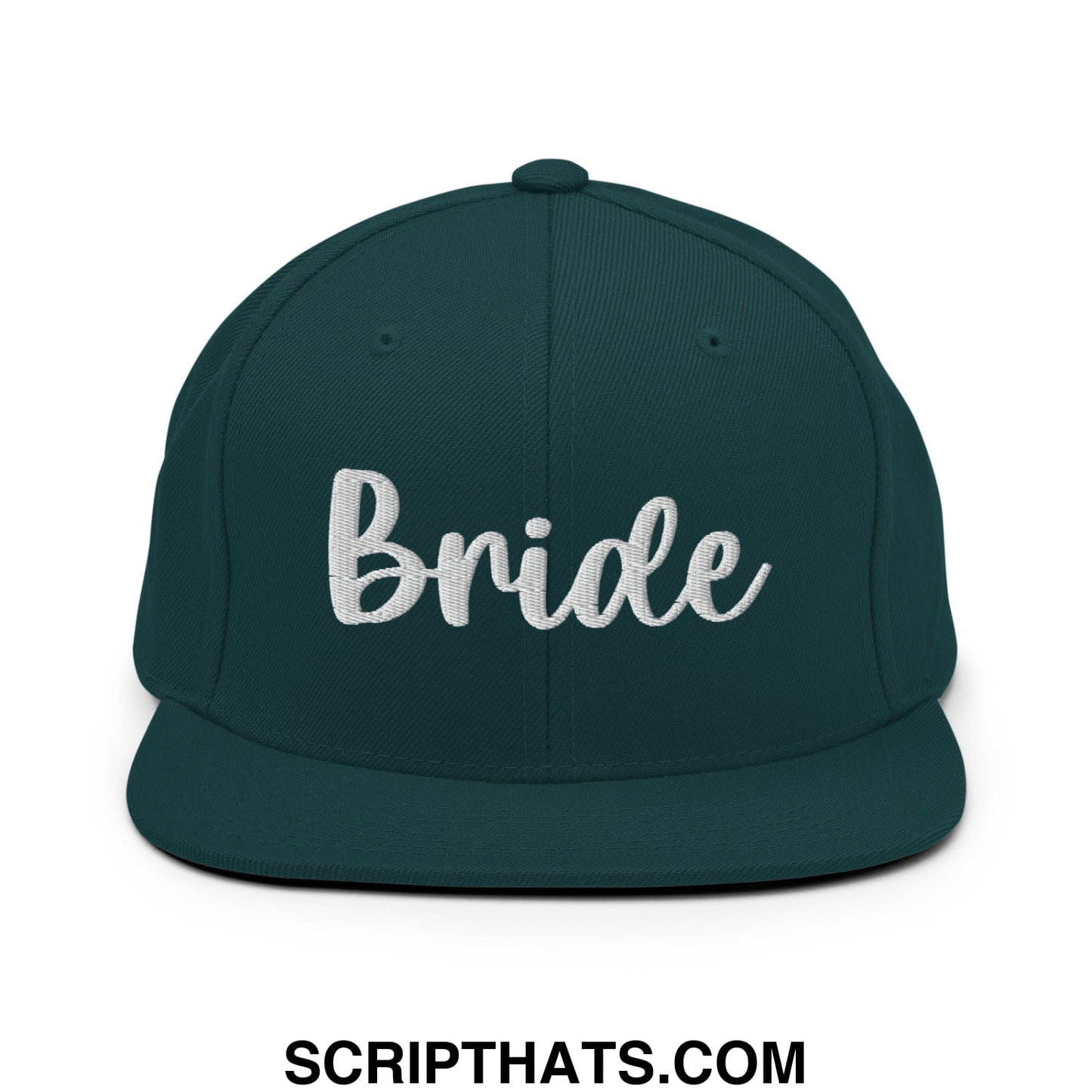 Dark green snapback hat with white embroidered bride script and flat bill brim for bridal wear
