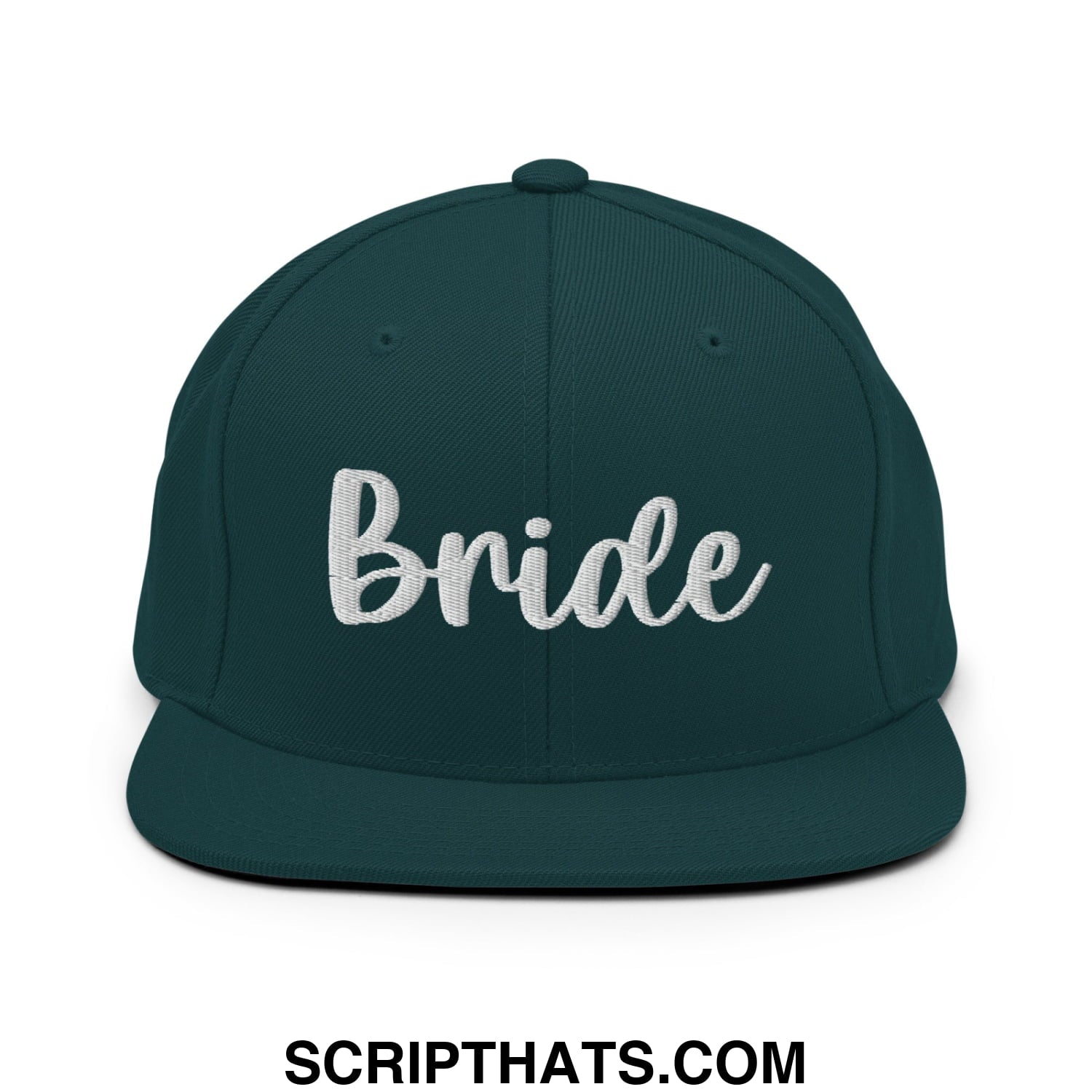 Dark green snapback hat with white embroidered bride script and flat bill brim for bridal wear