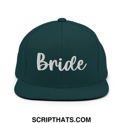 Dark green snapback hat with white embroidered bride script and flat bill brim for bridal wear
