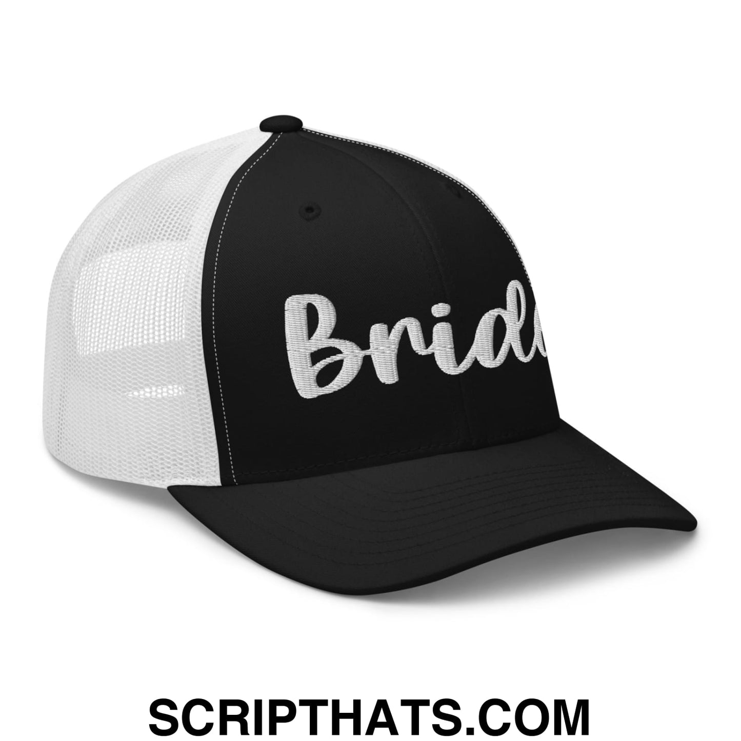 Black and white bride embroidered mesh trucker hat with cursive script design for bridal wear