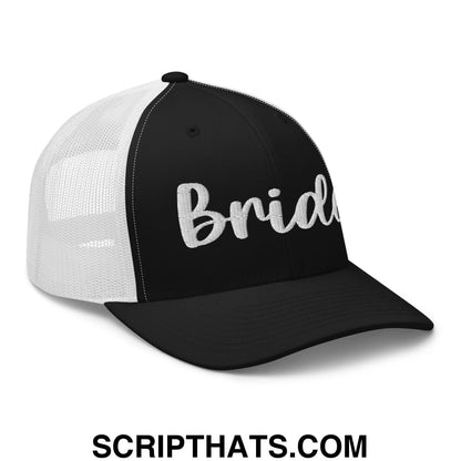 Black and white bride embroidered mesh trucker hat with cursive script design for bridal wear