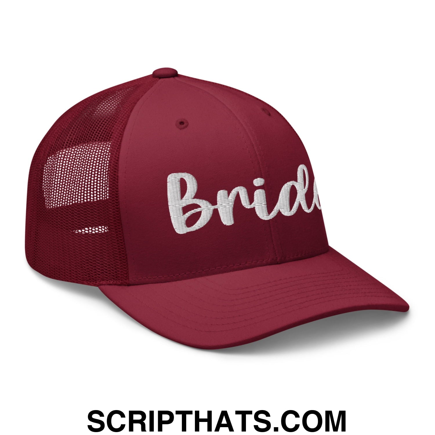 Maroon mesh trucker hat with white embroidered bride script on the front for bridal wear