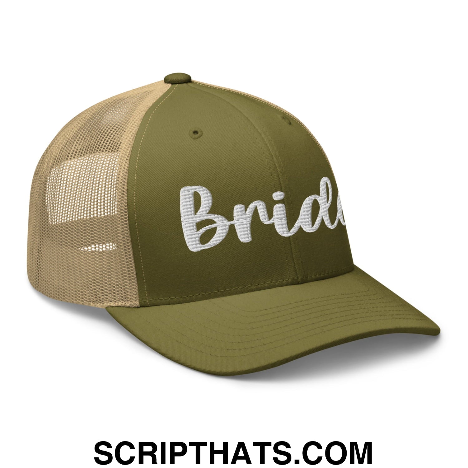 Olive green and tan mesh trucker hat with white bride embroidery on front panel for bridal wear
