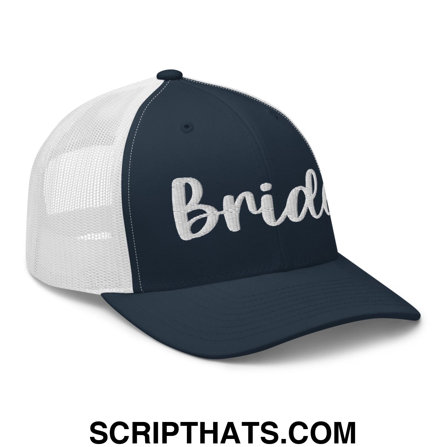 Navy blue and white mesh trucker hat with bride embroidered in cursive script for bridal wear
