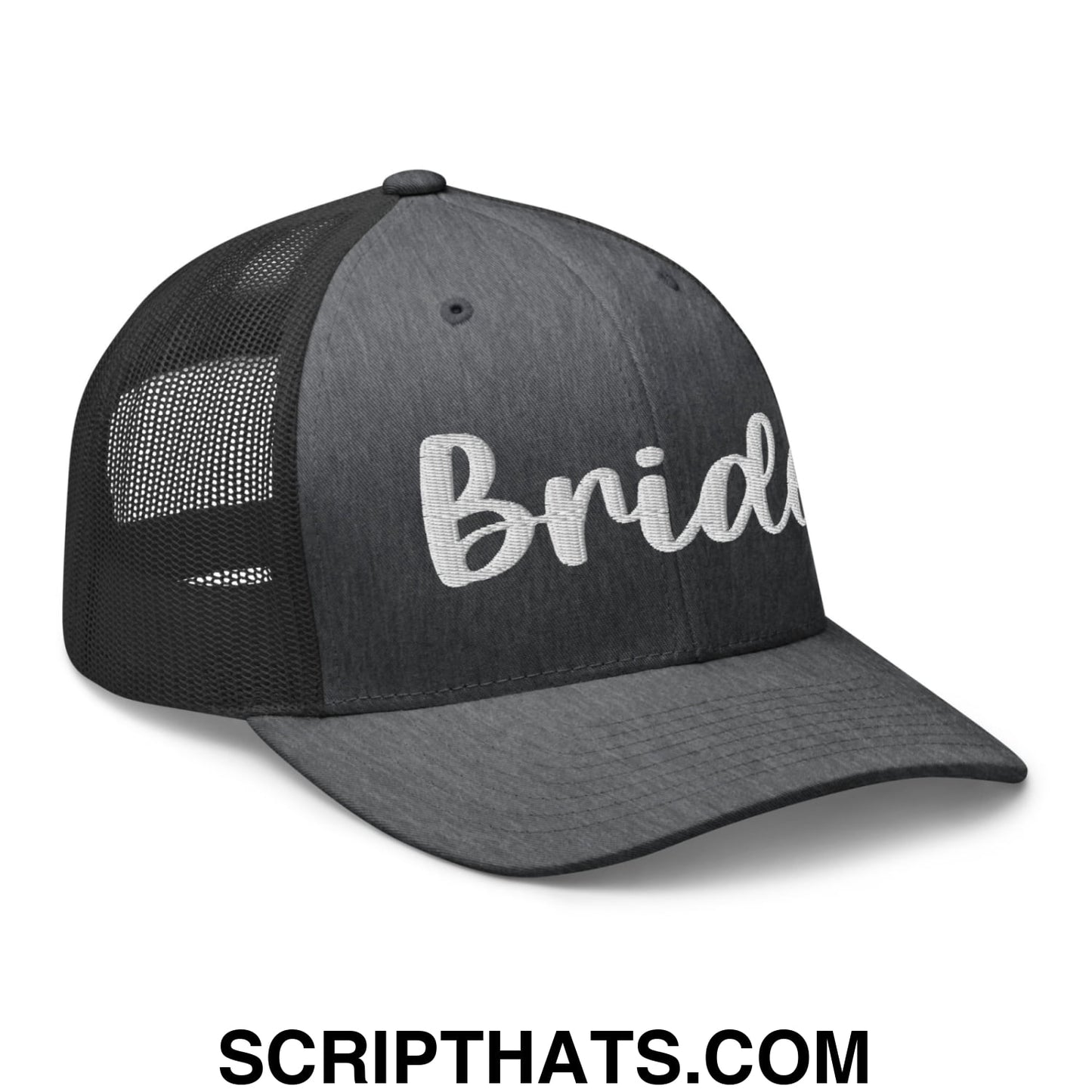 Black mesh trucker hat with white embroidered bride script on front panel for bridal wear