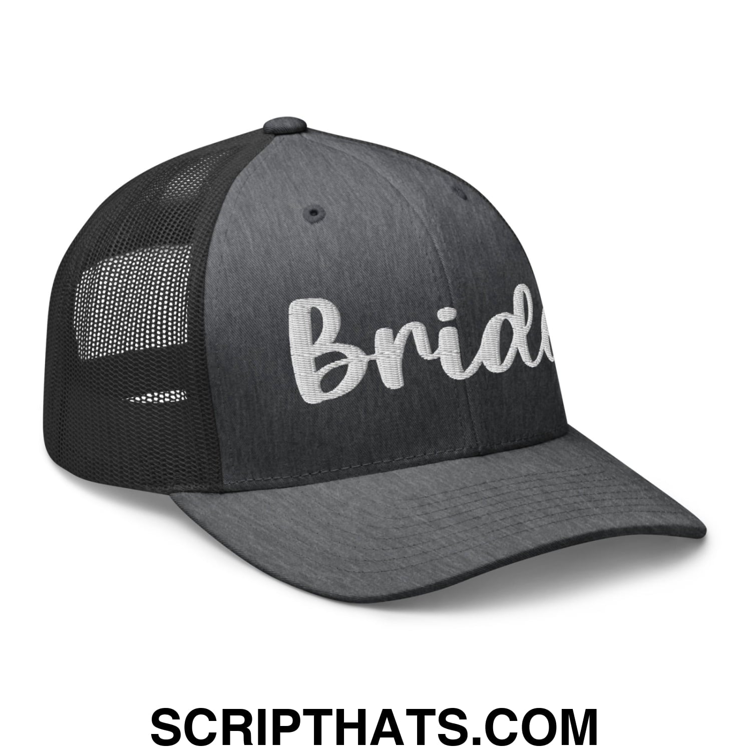 Black mesh trucker hat with white embroidered bride script on front panel for bridal wear