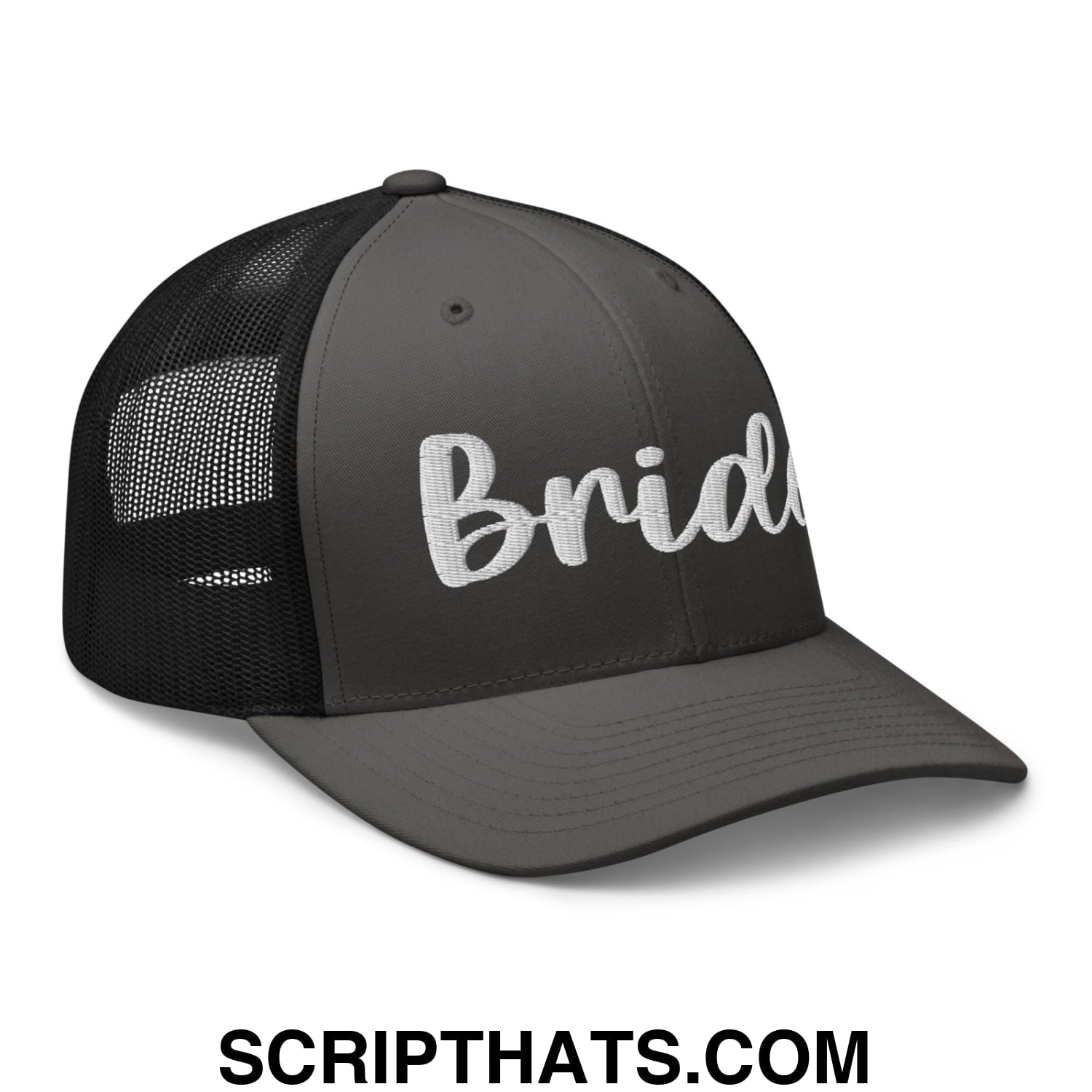 Dark gray mesh trucker hat with white embroidered bride script across the front for bridal wear
