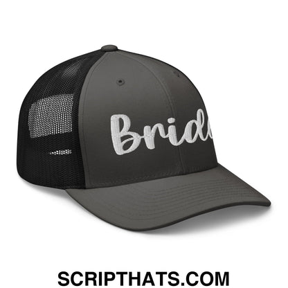Dark gray mesh trucker hat with white embroidered bride script across the front for bridal wear