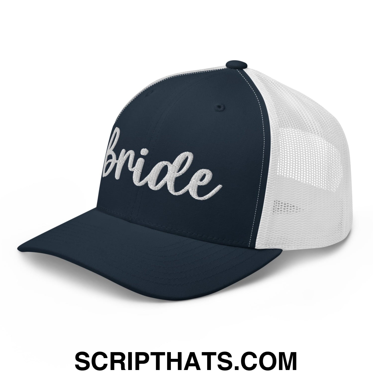 Navy blue and white mesh trucker hat with bride embroidered in silver script on front for bridal wear