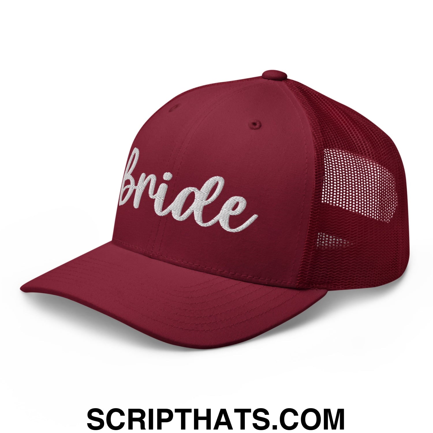 Maroon mesh trucker hat with white embroidered bride script across the front for wedding or bridal wear