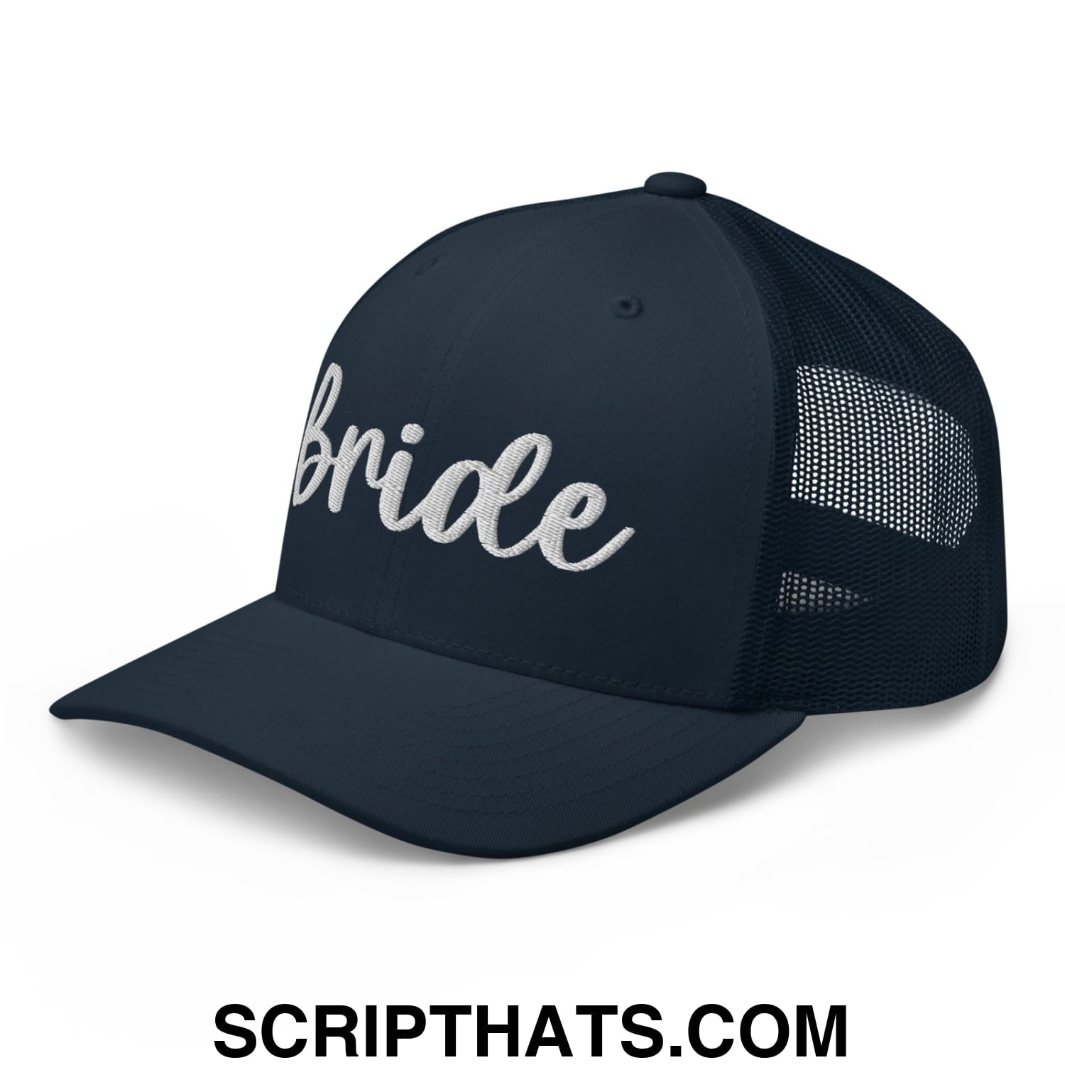 Navy blue mesh trucker hat with bride embroidered in silver glitter script on the front for bridal occasions