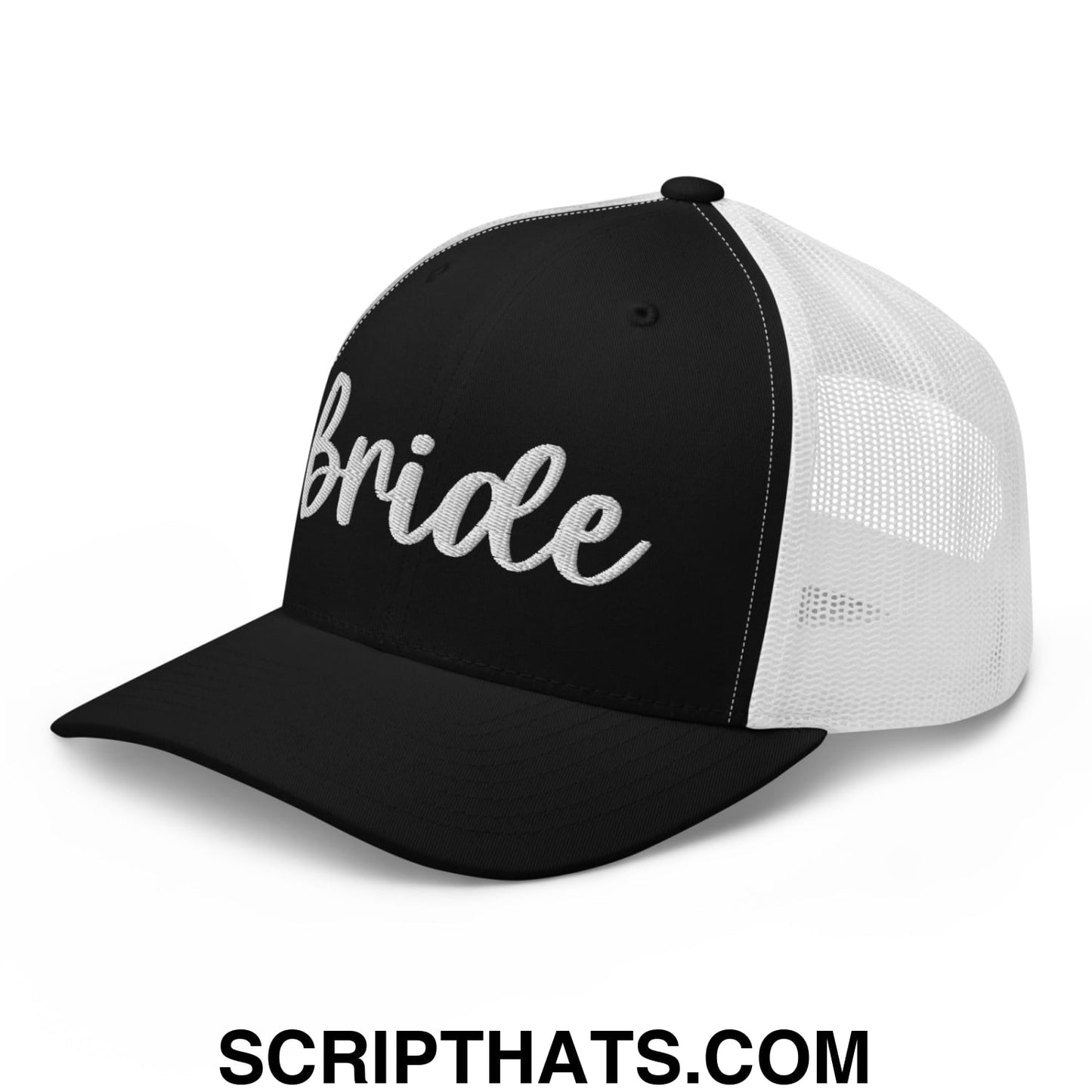 Black and white mesh trucker hat with bride embroidered in silver glitter script on the front
