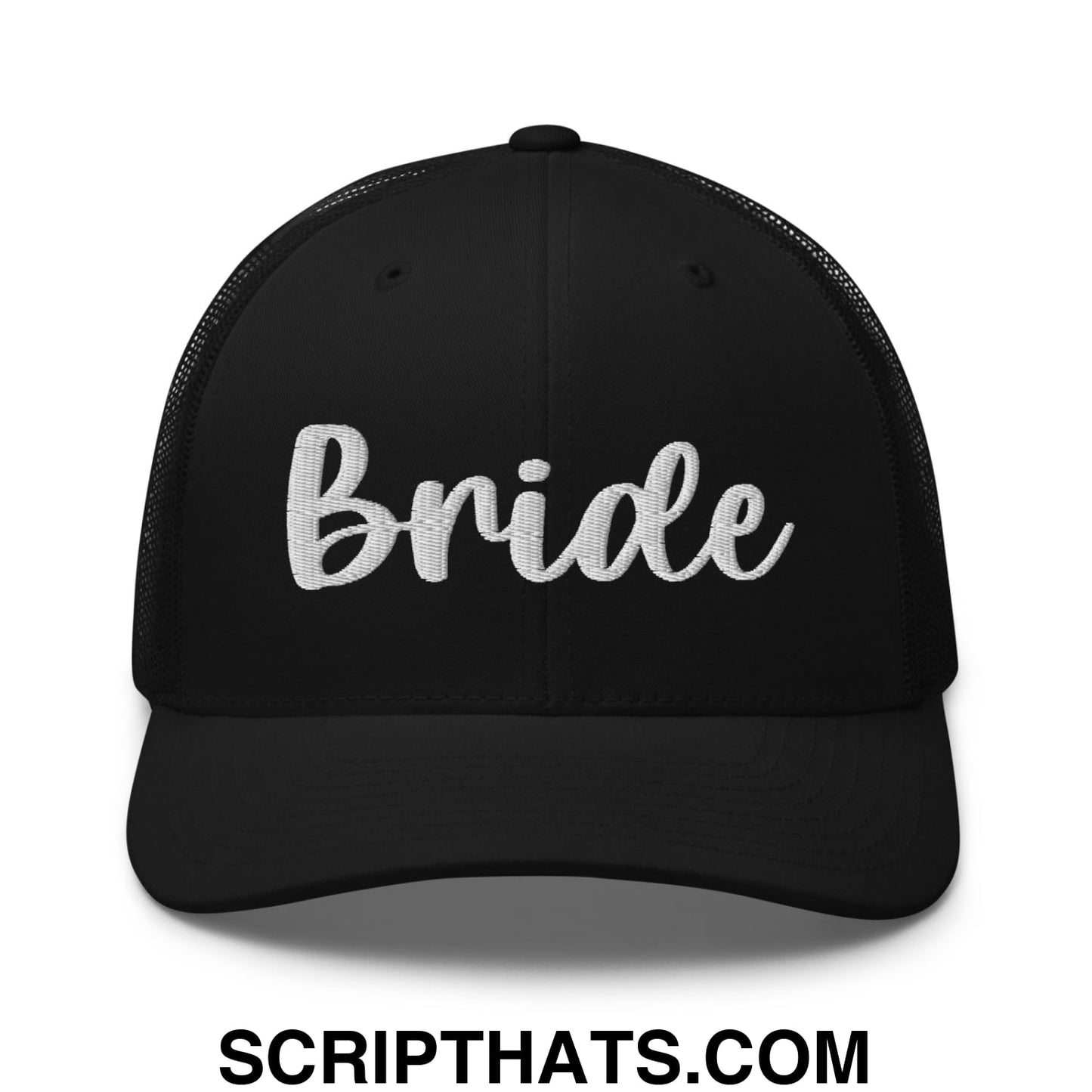 Black mesh trucker hat with white embroidered bride script across the front for bridal wear