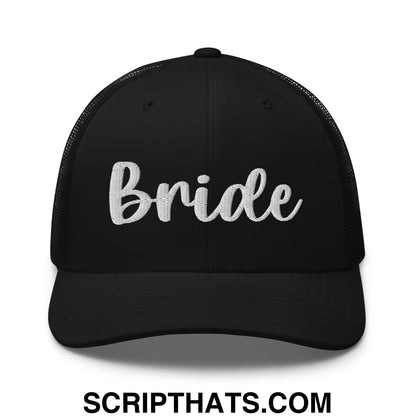Black mesh trucker hat with white embroidered bride script across the front for bridal wear