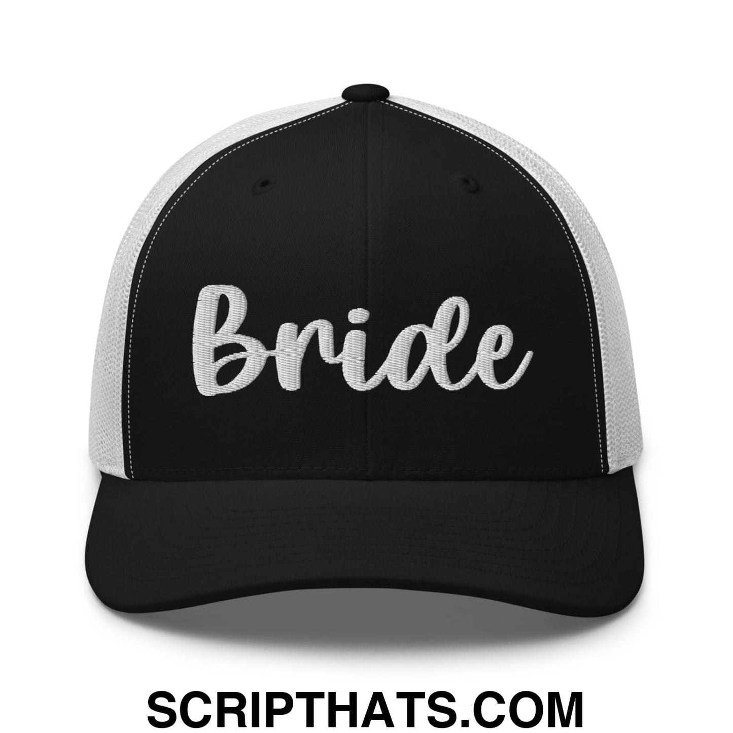 Black and white mesh trucker hat with bride embroidered in cursive script for bridal wear