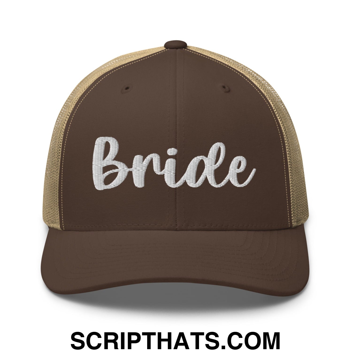 Brown and tan mesh trucker hat with bride embroidered in white script on the front panel