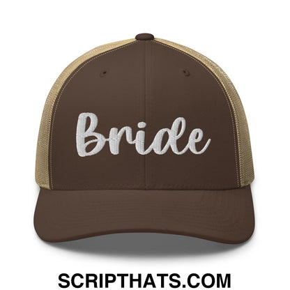 Brown and tan mesh trucker hat with bride embroidered in white script on the front panel