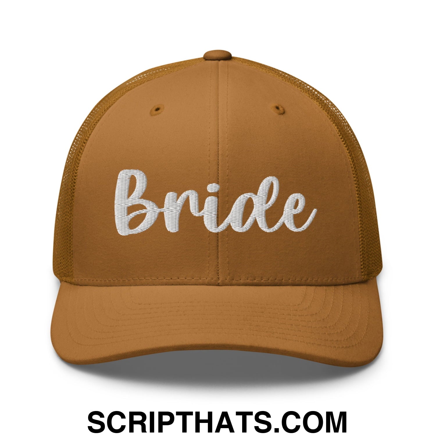 A tan mesh trucker hat with white embroidered bride script on the front ideal for bridal wear