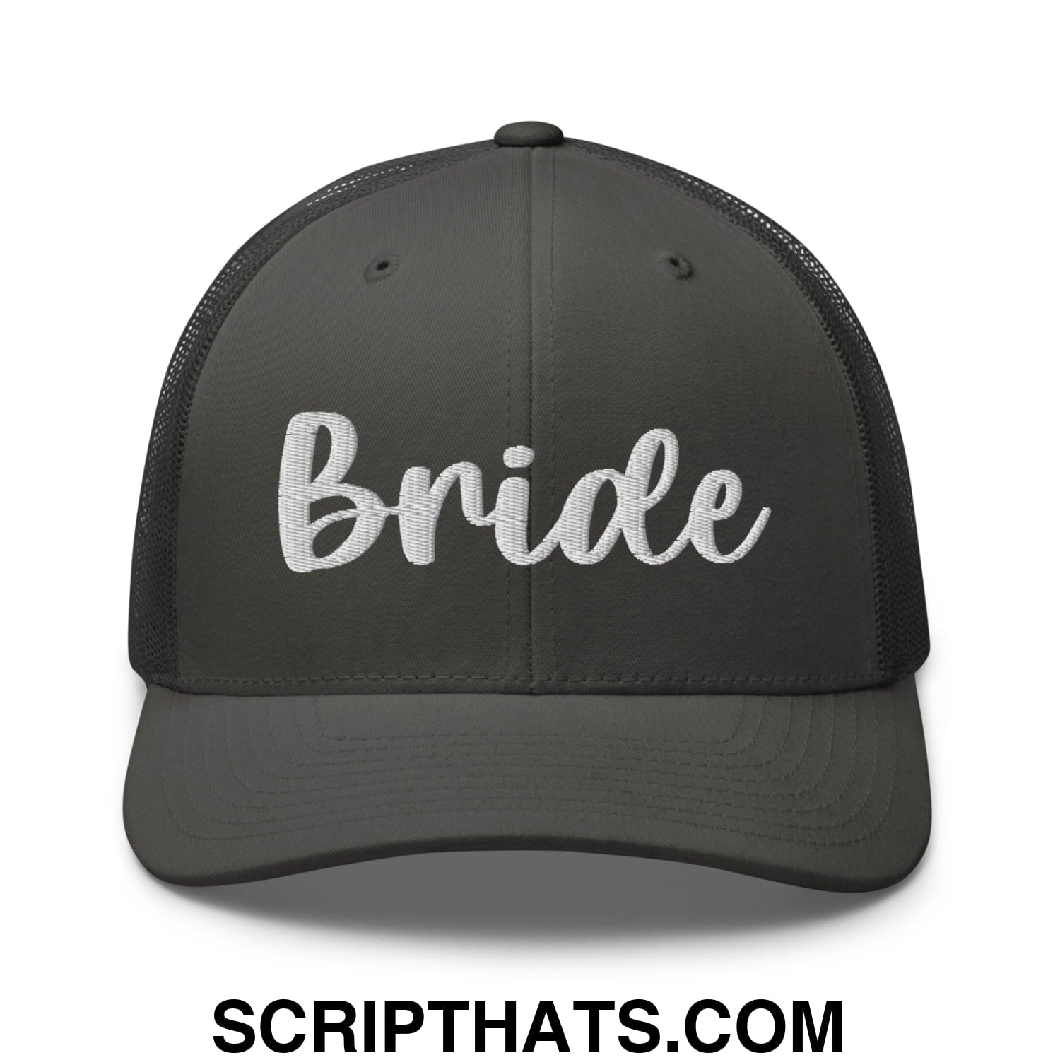 Dark gray mesh trucker hat with white embroidered bride script on front for bridal wear and celebrations