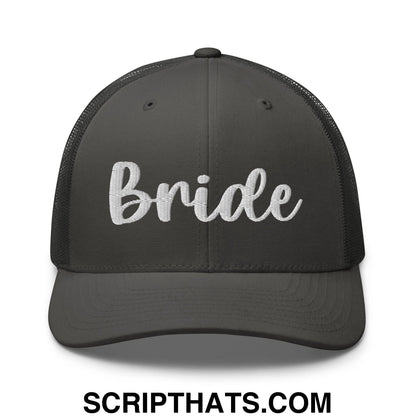 Dark gray mesh trucker hat with white embroidered bride script on front for bridal wear and celebrations