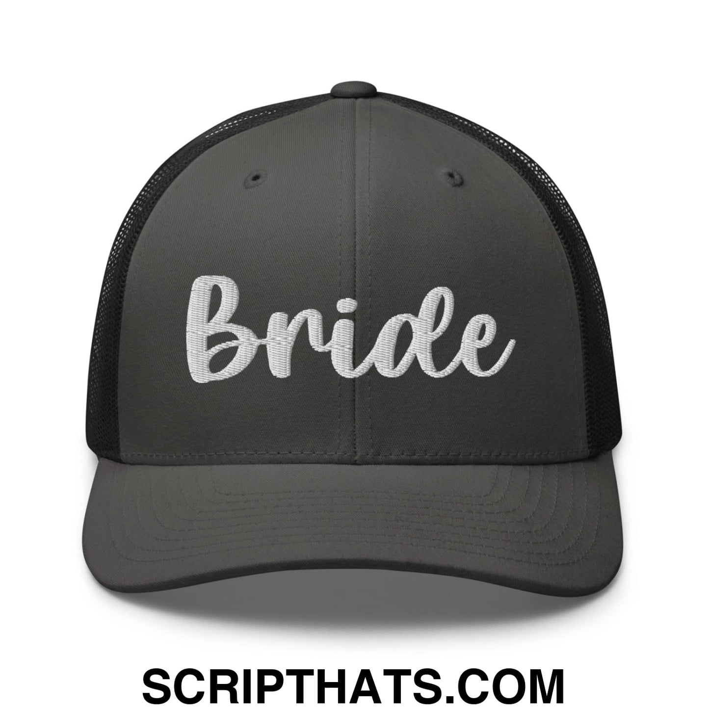 Dark gray mesh trucker hat with white embroidered bride script across the front for bridal wear