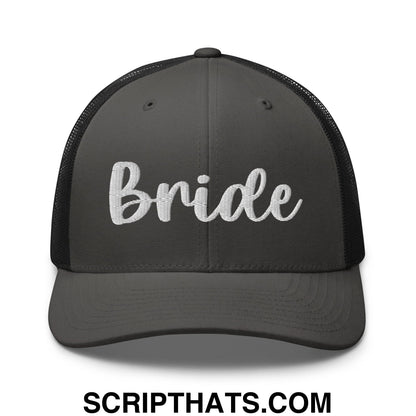 Dark gray mesh trucker hat with white embroidered bride script across the front for bridal wear