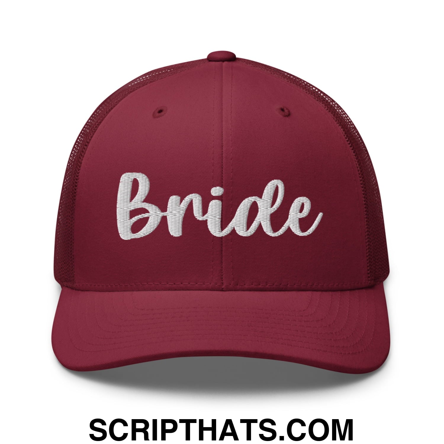 Maroon mesh trucker hat with white embroidered bride script across the front designed for bridal wear