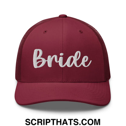 Maroon mesh trucker hat with white embroidered bride script across the front designed for bridal wear